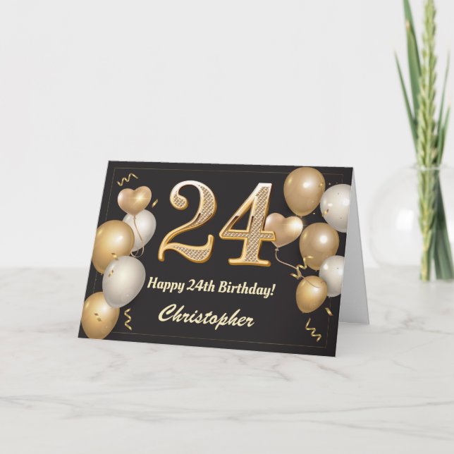 Carte 24e anniversaire Ballons noirs et or Anniversaire (Devant)