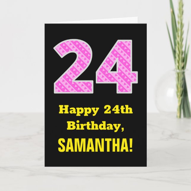 Carte 24e Anniversaire : Bandes roses et coeurs "24" + N (Devant)