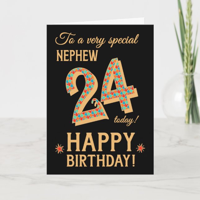 Carte 24e anniversaire, Nephew, Effet or sur Noir (Devant)