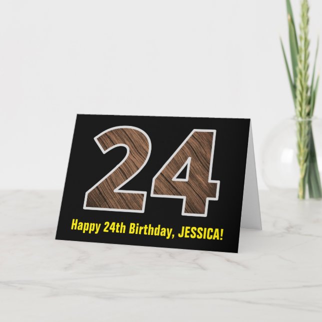 Carte 24e anniversaire : Nom + Faux Wood Grain Motif "24 (Devant)
