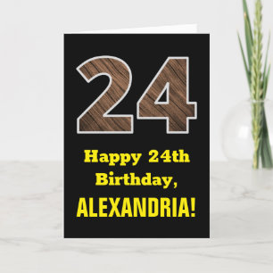 Carte 24e anniversaire : Nom, Motif Faux Wood Grain "24"