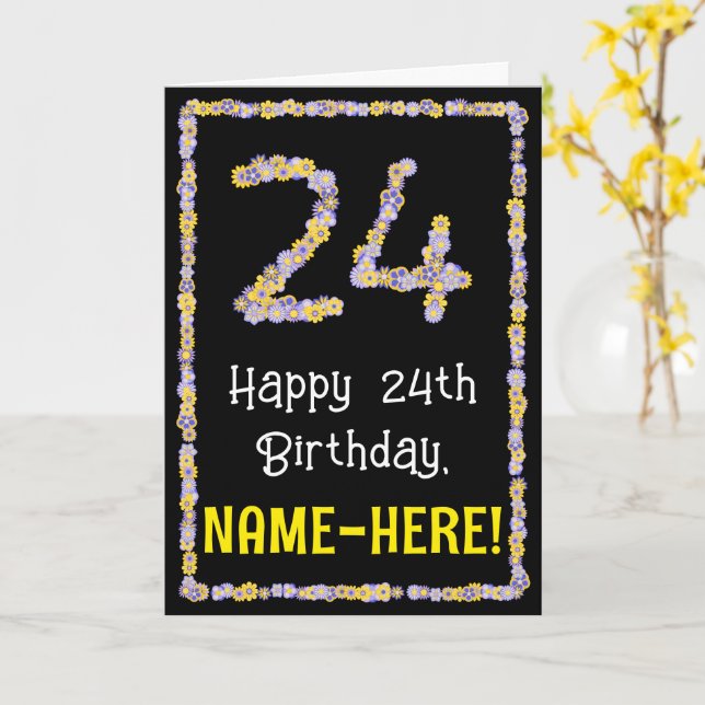 Carte 24e Anniversaire : Numéro de fleurs florales, nom  (Fleur jaune)