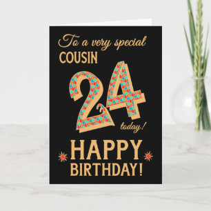 Carte 24e anniversaire, pour Cousin, Effet or sur Noir