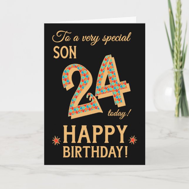Carte 24e anniversaire, pour Son, Effet or sur Noir (Devant)