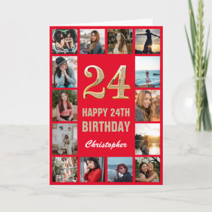 Carte 24e Joyeux Anniversaire Collage photo rouge et or
