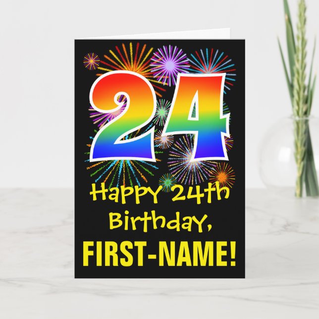 Carte 24ème anniversaire : Fun Fireworks Motif + Rainbow (Devant)