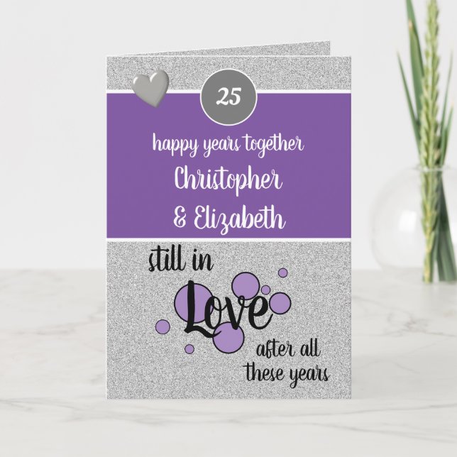 Carte 25 ans argent anniversaire heureux années violet (Devant)