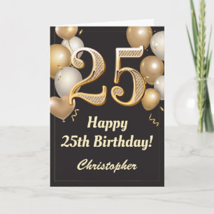 Carte 25e anniversaire Ballons Noir et Or Confetti