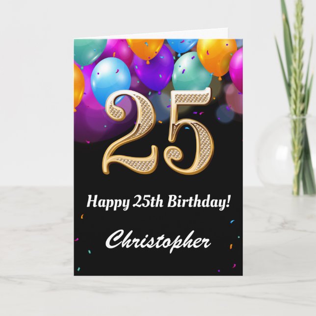 Carte 25e anniversaire Ballons noirs et dorés (Devant)