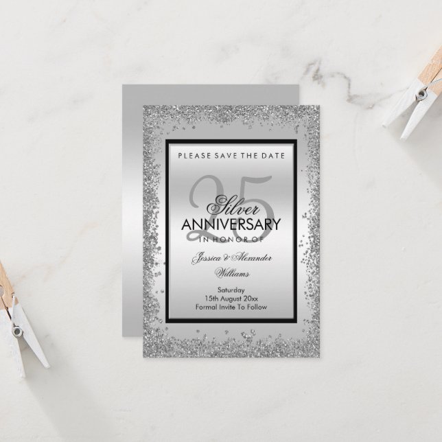 Carte 25e anniversaire du Mariage Glitzy Silver & Black (Devant/Arrière en situation)