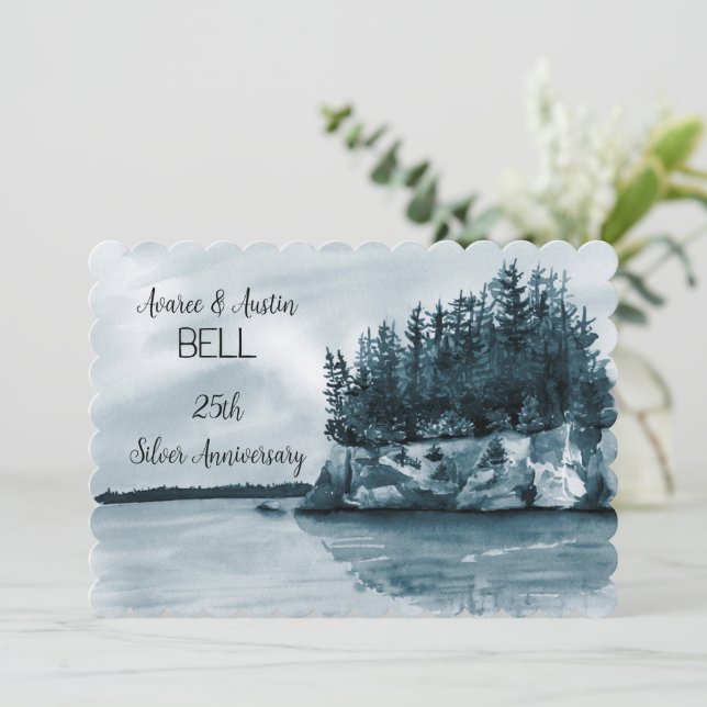 Carte 25e anniversaire du Mariage Lac bleu et forêt (Debout devant)
