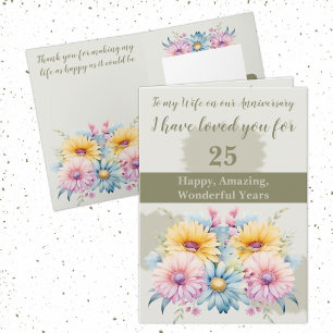 Carte 25e Anniversaire femme gerbera vert floral