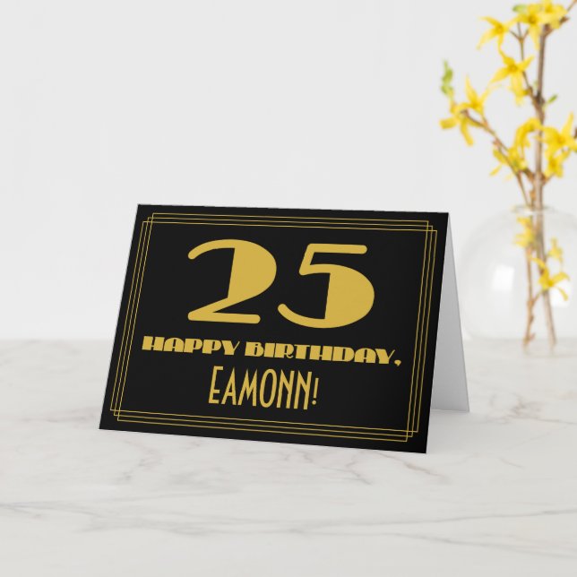 Carte 25e anniversaire : Nom + Art Déco Inspiré Look "25 (Fleur jaune)