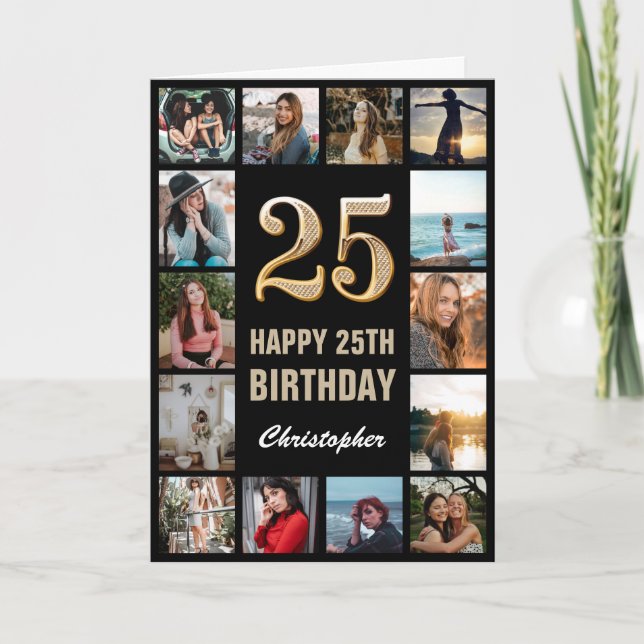 Carte 25e Joyeux Anniversaire Black and Gold Photo Colla (Devant)