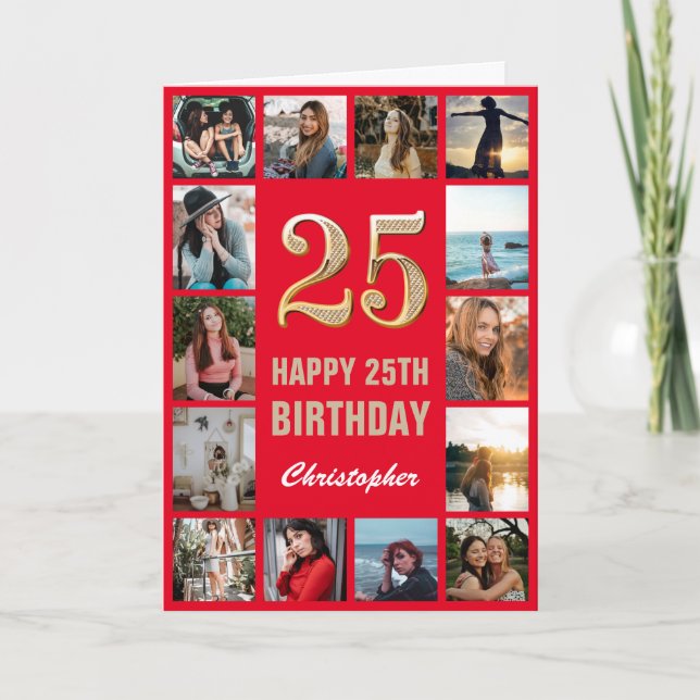Carte 25e Joyeux Anniversaire Collage photo rouge et or (Devant)