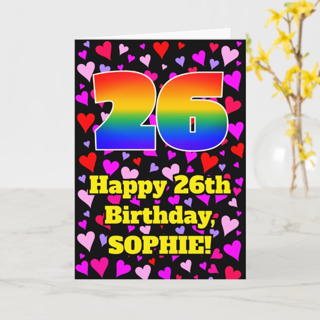 Carte 26e anniversaire : Amour Hearts Motif, Arc-en-ciel (Fleur jaune)