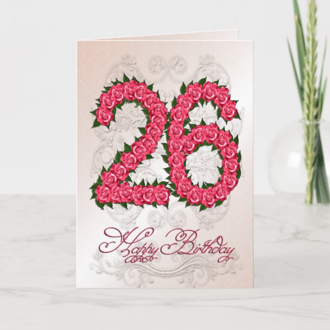Carte 26e anniversaire avec roses et feuilles (Devant)