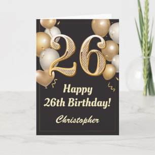 Carte 26e anniversaire Ballons Noir et Or Confetti
