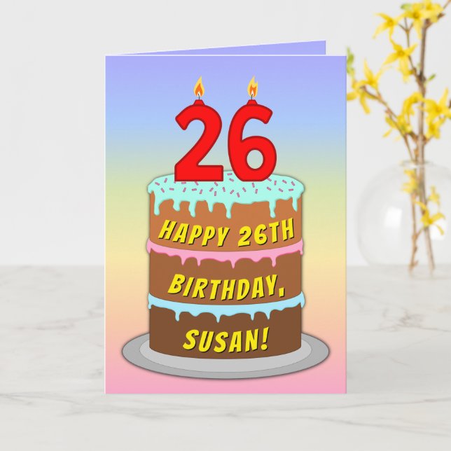 Carte 26e anniversaire — Fun Cake & Candles, avec nom pe (Fleur jaune)