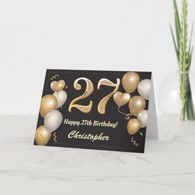Carte 27e anniversaire Ballons noirs et or Anniversaire (Devant)