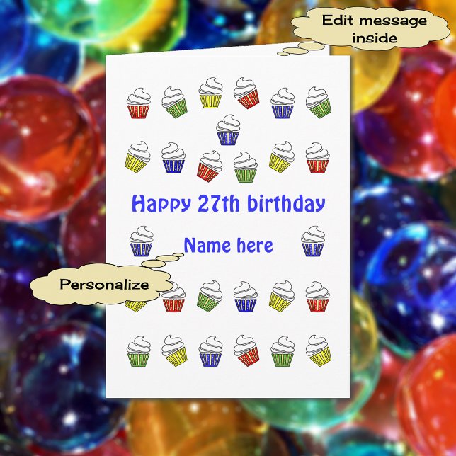 Carte 27e anniversaire cupcakes nom personnalisé (27 cupcakes)