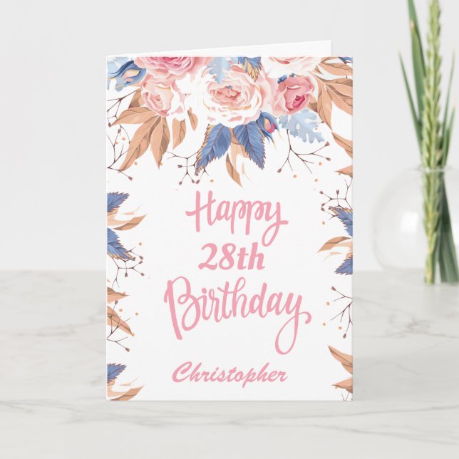 Carte 28e anniversaire Aquarelle Botanique Rose Floral (Devant)