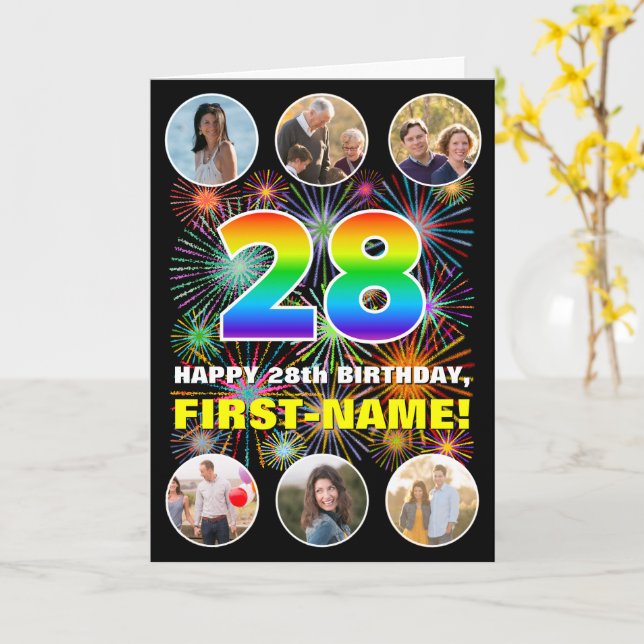 Carte 28e anniversaire : Arc en ciel amusant #, Nom pers (Fleur jaune)
