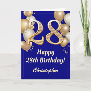 Carte 28e anniversaire Marine Bleu et Ballons d'or Confe