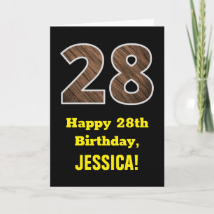 Carte 28e anniversaire : Nom, Motif Faux Wood Grain "28"