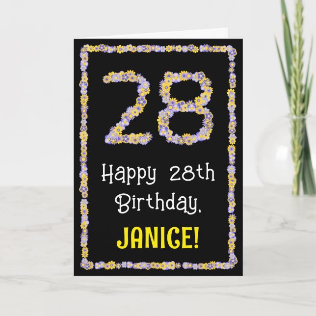 Carte 28e Anniversaire : Numéro de fleurs florales, nom  (Devant)