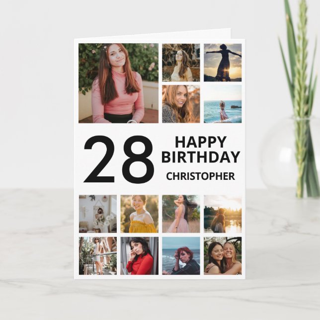 Carte 28e anniversaire Photo Collage 13 photos noir blan (Devant)
