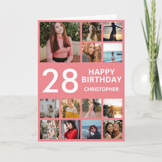 Carte 28e anniversaire Photo Collage 13 Photos Rose & Bl (Devant)