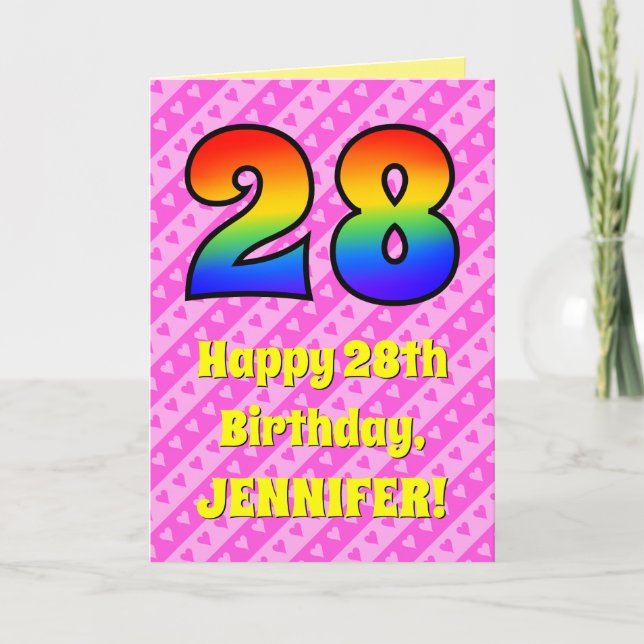 Carte 28e anniversaire : Pink Stripes & Hearts, Arc-en-c (Devant)