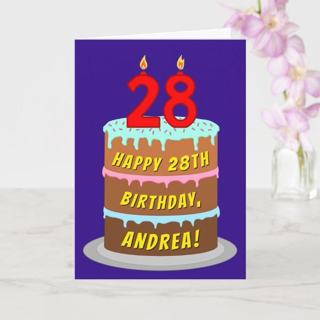 Carte 28th Birthday : Fun Cake and Candles + Custom Name (Orchidée)