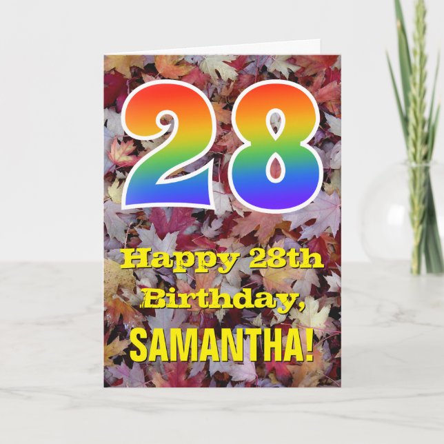 Carte 28th Birthday ; Rustic Autumn Leaves ; Rainbow "28 (Devant)