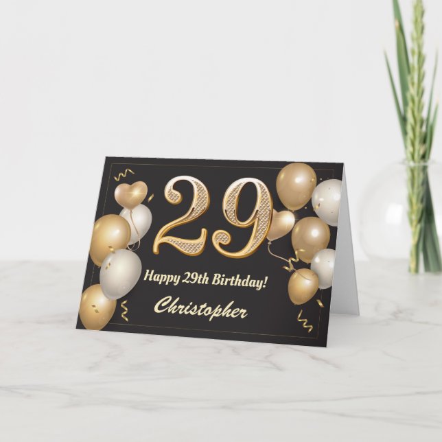 Carte 29e anniversaire Ballons noirs et or Anniversaire (Devant)