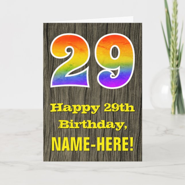 Carte 29e anniversaire : Rustic Faux Wood Look, Arc-en-c (Devant)