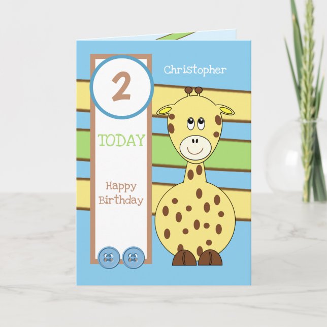 Carte 2 ans aujourd'hui n'importe quel âge girafe garçon (Devant)