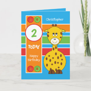Carte 2 ans tout âge girafe anniversaire de enfant bleu