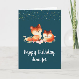 Carte 2 mignons Petits Renards Rouges Anniversaire