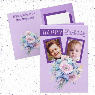 Carte 2 photo gerbera violet anniversaire