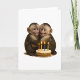 Carte 2 sweet Capuchin monkeys lovingly embrace + cake