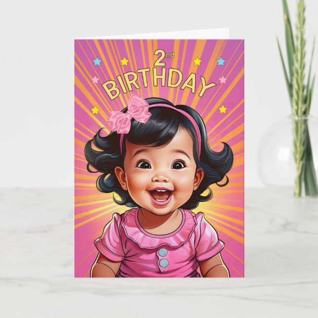 Carte 2e anniversaire Asiatique Baby Girl in Pink Comic  (Devant)