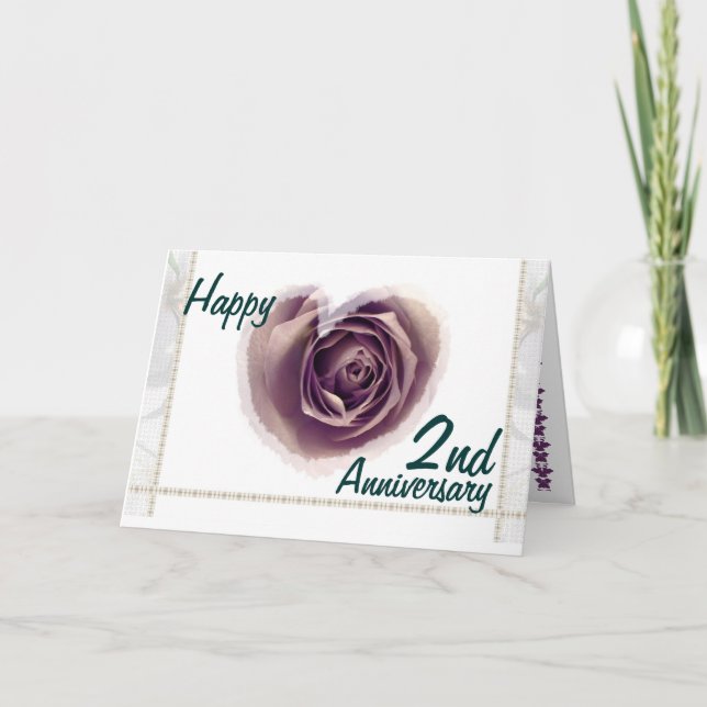 Carte 2e anniversaire de mariage - Cœur de rose violette (Devant)