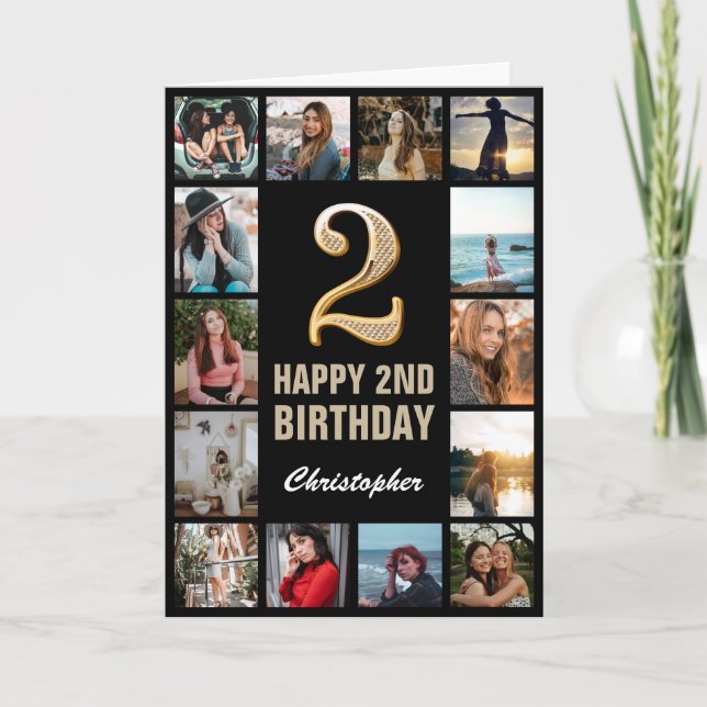 Carte 2e anniversaire heureux Collage photo noir et or (Devant)