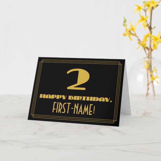Carte 2e anniversaire : Nom + Art Déco Inspiré Look "2" (Fleur jaune)