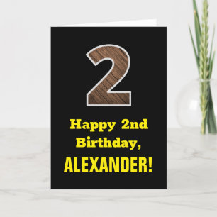 Carte 2e anniversaire : Nom, Motif Faux Wood Grain "2"