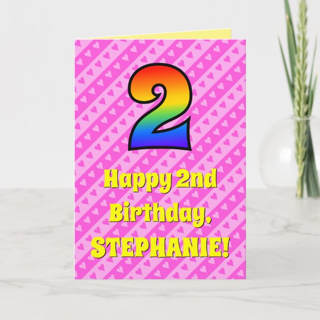 Carte 2e anniversaire : Pink Stripes & Hearts, Rainbow # (Devant)