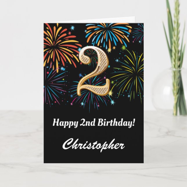 Carte 2e anniversaire Rainbow Fireworks noir et or (Devant)