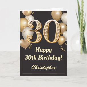 Carte 30e anniversaire Ballons Noir et Or Confetti